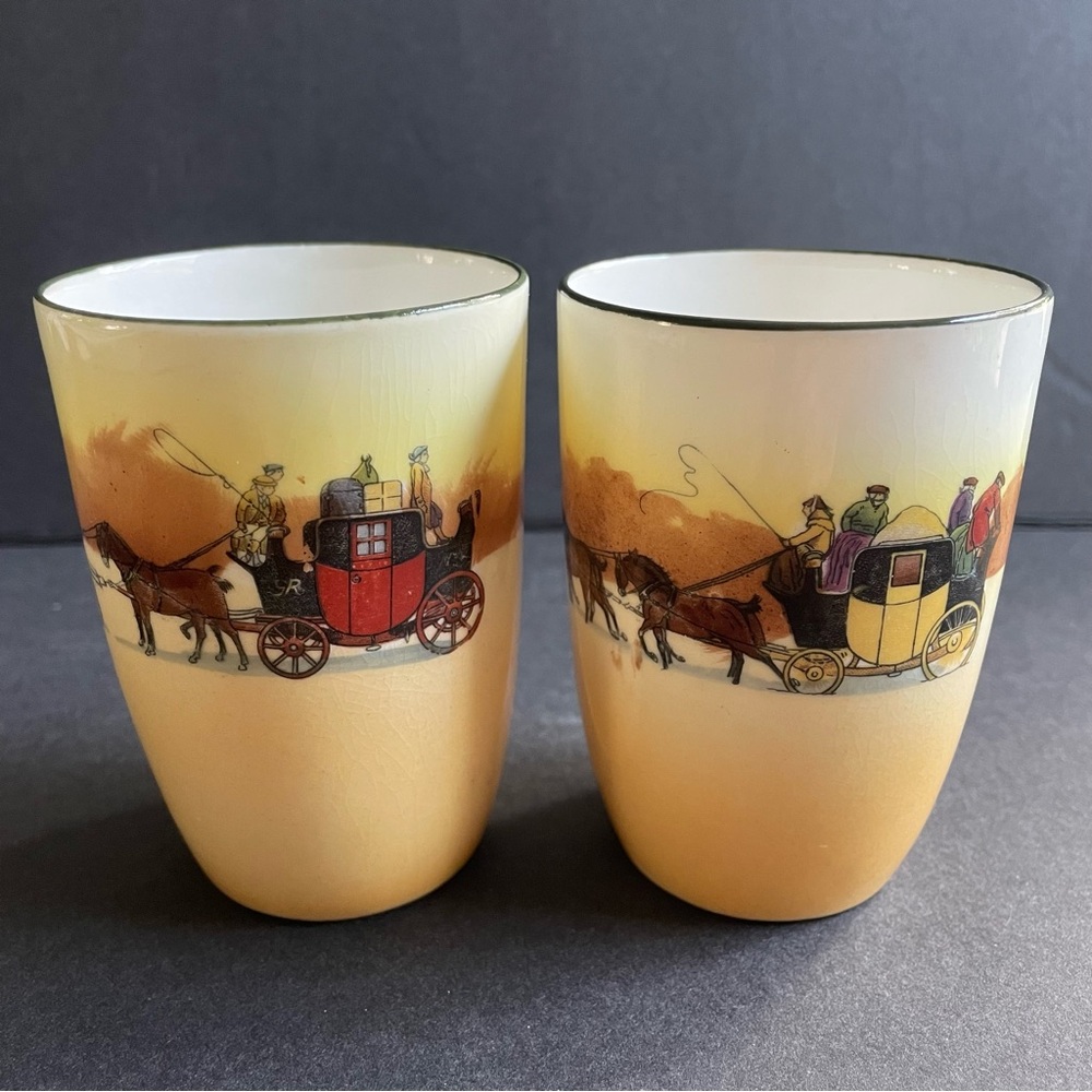 Royal Doulton Coaching Days Set 2 Smooth Bone Tumblers Cups Rare Vintage Good UK